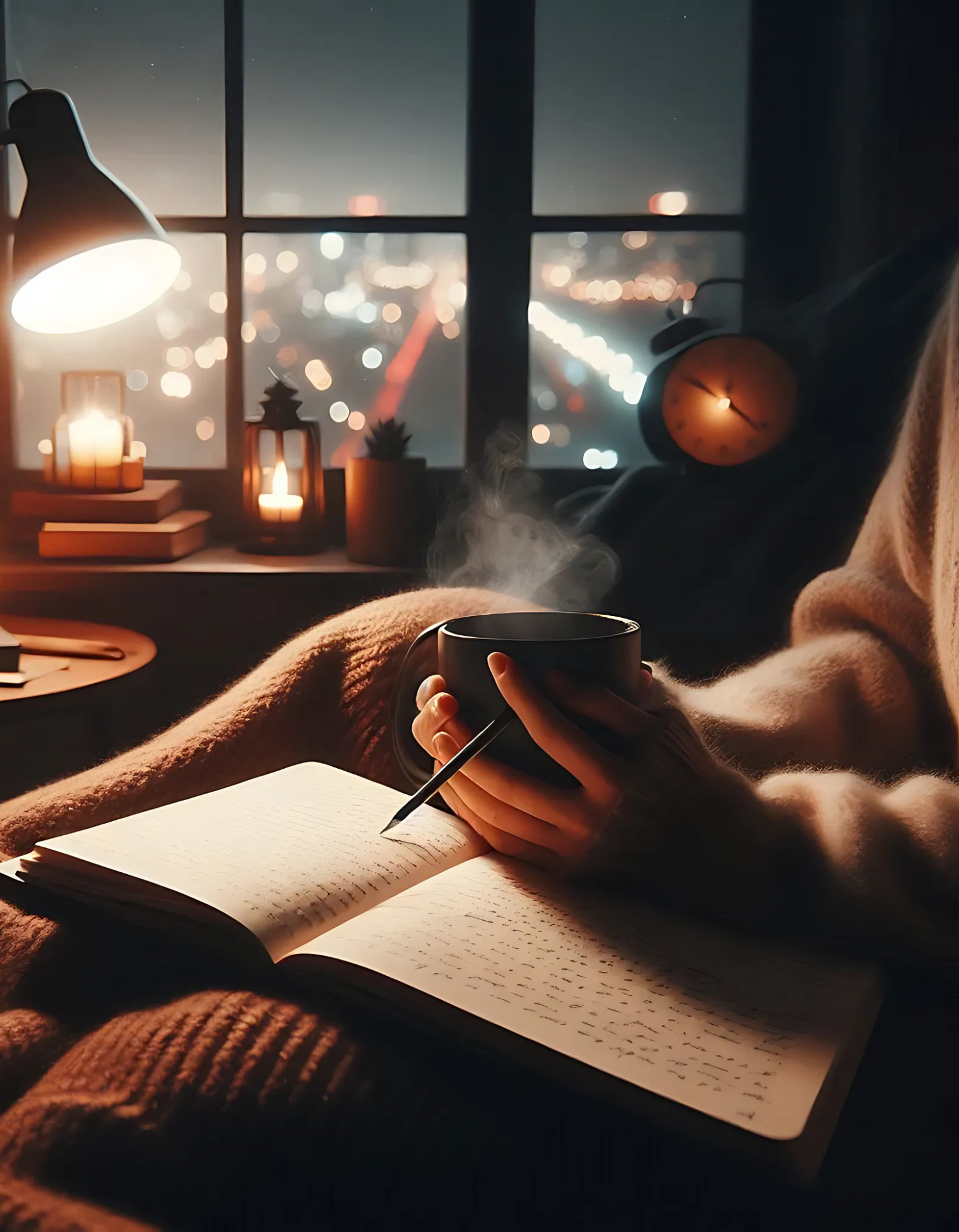Close-up of a person writing in a journal at night with warm, soft lighting, symbolizing introspection and personal growth